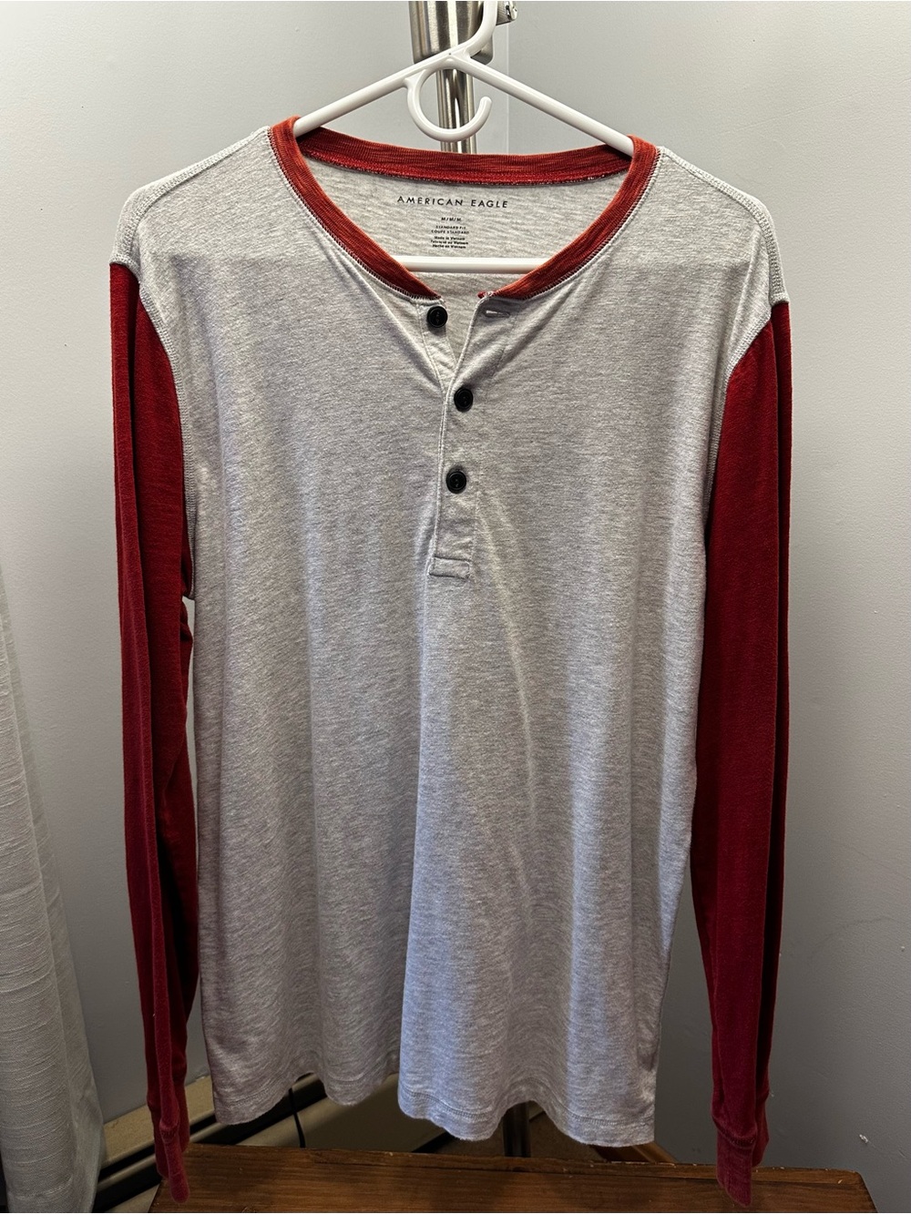 American Eagle Outfitters Gray Henley with Red Raglan Sleeves